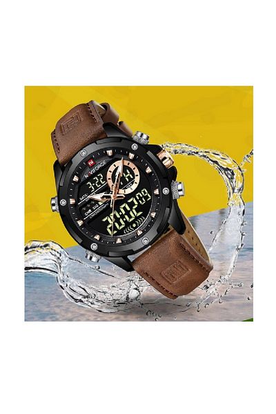 Naviforce Classic Brown Sports Digital Analog Watch for Men with Stainless Steel Case Water Resistant