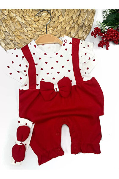 Tıfıl Libas 3-6-9-12 Months Bandana Piti Heart Printed Salopet Look 2-Piece Baby Girl Set