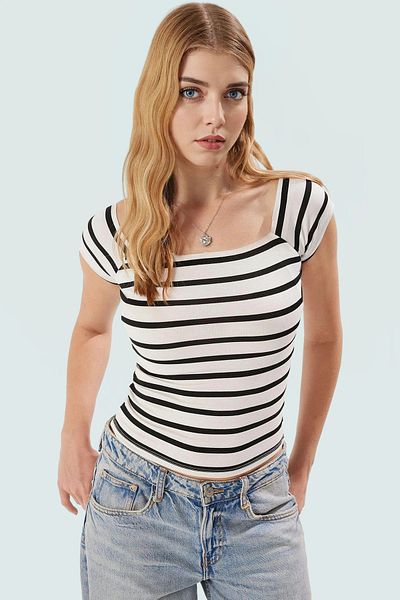 PayBuy Summer Short Sleeve Striped Cotton Crop Blouse Comfortable Fit Casual Style for Daily Style Use