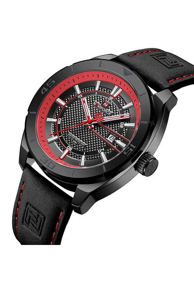 Naviforce Men Black Dial Red Accent Leather Strap Quartz Watch