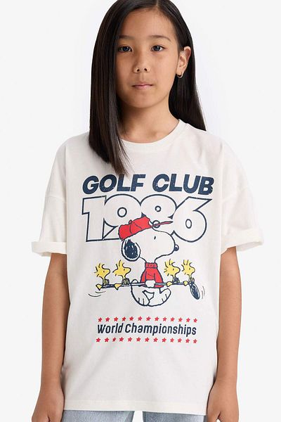 DeFacto Girls' Snoopy Oversize Wide Fit Crew Neck Short Sleeve T-Shirt E9655A825Au