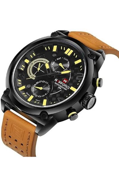 Naviforce Mens Analog Digital Sport Watch with Brown Leather Strap Black Dial Multi Function Display