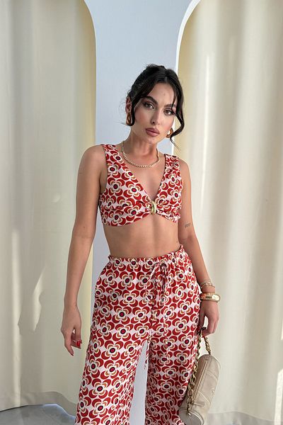 Seda Yalçın Atelier Colorful Wide Leg Pants and Bustier Set with Gold Accessories