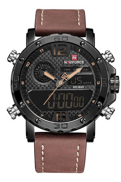 Naviforce Mens Black Dial Brown Leather Strap Watch Analog Digital Quartz Waterproof Chronograph