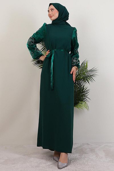 GİYZAMİLA Sleeve Clover Detail Dress Emerald