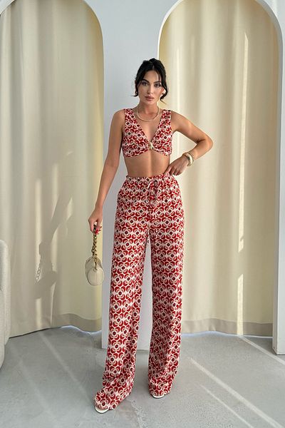 Seda Yalçın Atelier Colorful Wide Leg Pants and Bustier Set with Gold Accessories
