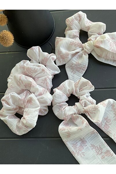 MADE BY PERİ Romantic Powder Flower Patterned Bow and Elastic, Tail Buckle (Set of 2 with Elastic and Tail)