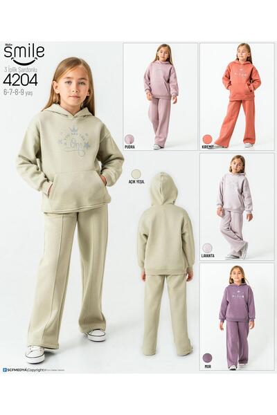 RAPAPA Girls' 3 Thread Raster Hooded Bottom Base Suit Tracksuit Set 4204Y