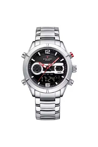Naviforce Mens Stainless Steel Analog Digital Watch with Black Dial and Red Accents