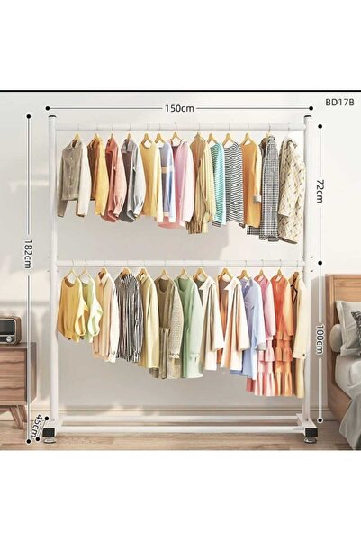 TRENDESK Metal Beyaz Çift Askılı Elbise Askılığı Konfeksiyon Askılık Tekerlek...
