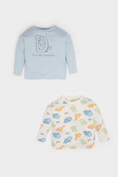 DeFacto Baby Boy Newborn Dinosaur Printed Combed Cotton 2-Piece Long Sleeve T-Shirt F0124A525Au