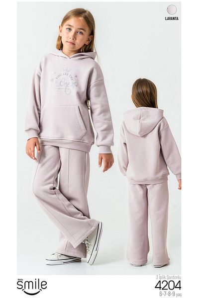 RAPAPA Girls' 3 Thread Raster Hooded Bottom Base Suit Tracksuit Set 4204Kr