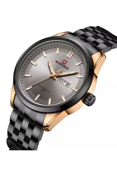 Naviforce Stylish Mens Quartz Watch with Gray Dial Two Tone Stainless Steel Strap Analog Display