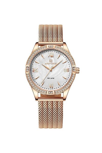 Naviforce Elegant and Luxurious Stainless Steel Mesh Strap Analog Wrist Watch with Crystal Bezel and Classic