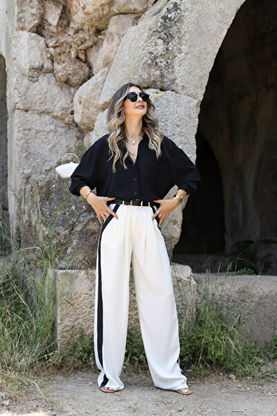 bytugcekaya Ecru Satin Striped Palazzo