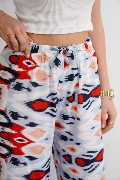 SheLoria Women's Red Blue Ethnic Patterned Lacing Detail Elastic Waist Relaxed Cut Palazzo Viscose Trousers