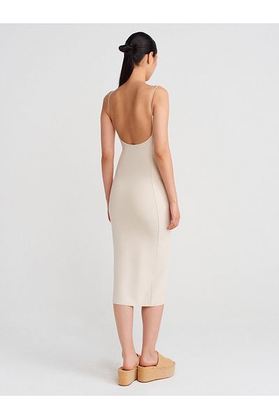Dilvin 91495 Strap Midi Dress-Light Beige