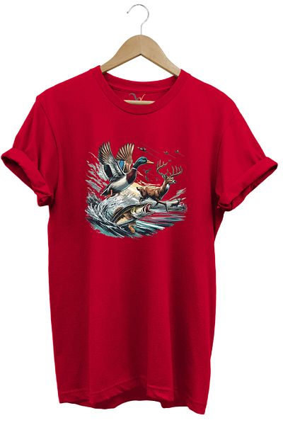WİDİ Hunting Themed Deer, Duck and Fish Design 100% Cotton Unisex Regular Fit T-Shirt