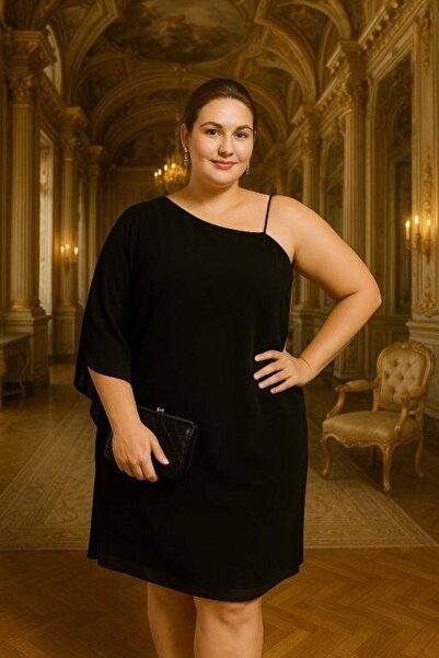 angelino butik Büyük Beden Tek Omuz Kısa Şifon Abiye Elbise