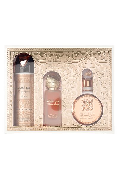lattafa Gift Set Fakhar Woman Eau De Parfum 100 ml Hair Perfume, 50 ml Deo Spray, 200 ml