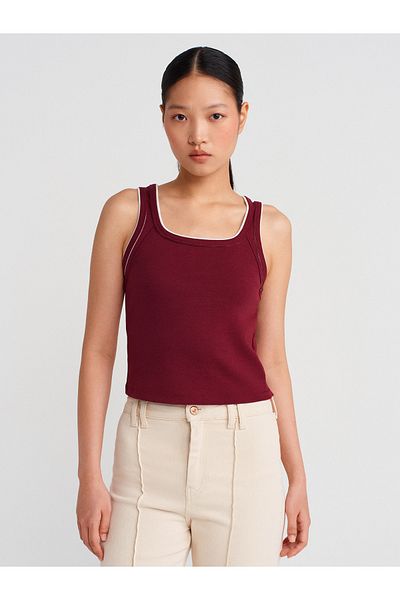 Dilvin 21087 Contrast Ribbed Undershirt-Light Claret Red