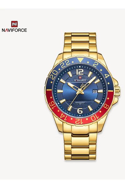 Naviforce Mens Sport Watch Gold Stainless Steel Band Analog Quartz Movement Rotating Bezel Water Resistant
