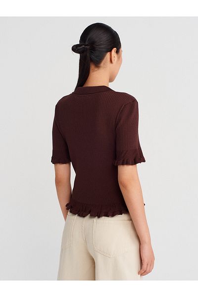 Dilvin 10780 Polo Neck Buttoned Ruffled Knitwear Blouse-Brown