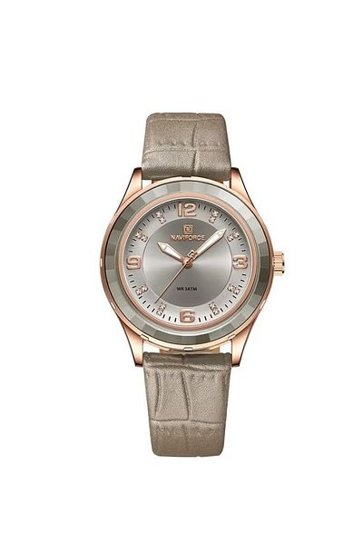 Naviforce Elegant and Stylish Gray Leather Analog Wrist Watch with Water Resistance and Gold-Tone Case