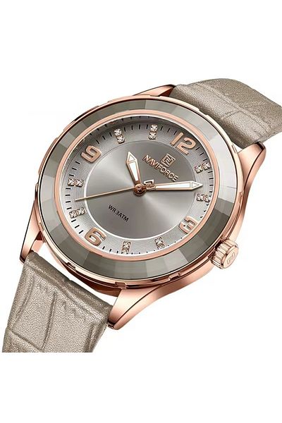 Naviforce Elegant and Stylish Gray Leather Analog Wrist Watch with Water Resistance and Gold-Tone Case
