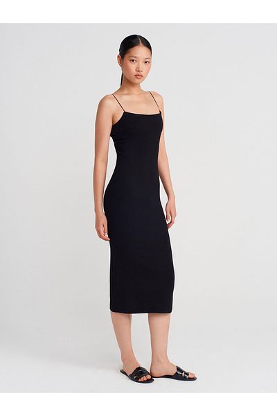 Dilvin 91495 Strap Midi Dress-Black