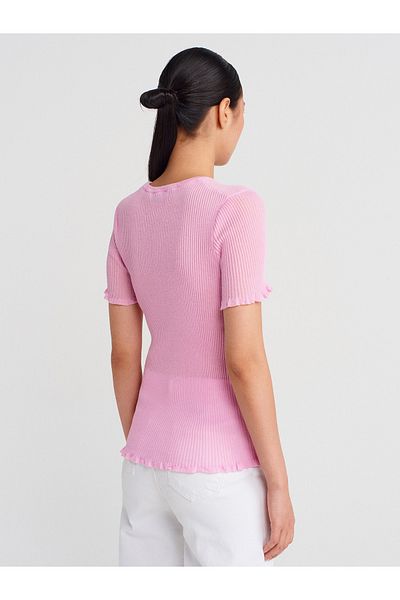 Dilvin 10783 Crew Neck Ruffled Slim Knitwear Blouse-Pink
