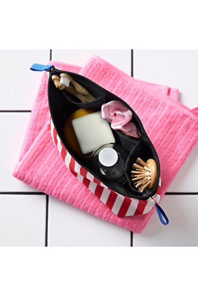 IKEA Skogssallat 30x21x10 cm Kırmızı Beyaz Çizgili Makyaj Çantası