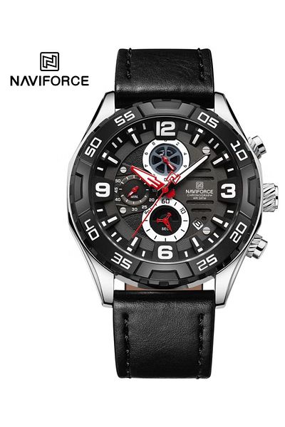 Naviforce Sport Chronograph Wrist Watch for Men with Leather Strap Water Resistant Multi-Function Analog