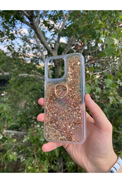 Merwish Apple iPhone 12 Pro Max Uyumlu Sulu Simli Yüzüklü Standlı Parlak Silikon Kılıf Gold