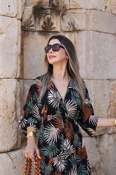 bytugcekaya Black leaf pattern bat sleeve slit detail dress