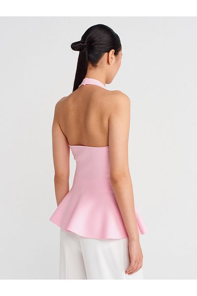 Dilvin 10785 Halter V Neck Peplum Knitwear Blouse-Pink