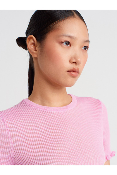 Dilvin 10783 Bisiklet Yaka Fırfırlı İnce Triko Bluz-Pembe