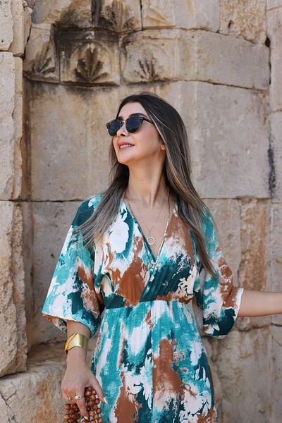 bytugcekaya Green Coffee Spray Bat Sleeve Slit Detail Dress