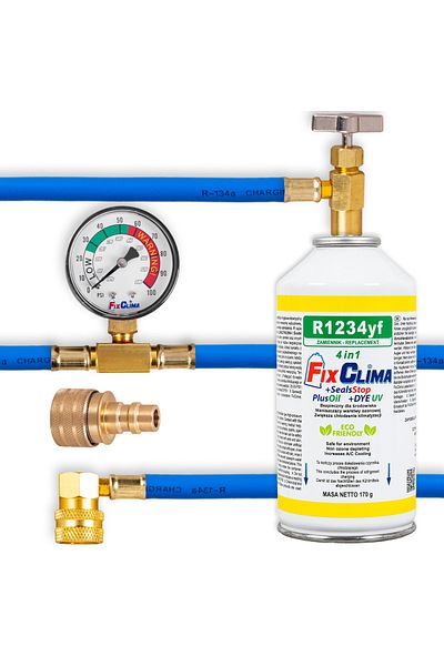 FixCla KIT DE UMPLERE AER CONDIȚIONAT AUTO CU GAZ R1234YF AGENT FRIGORIFIC 4 ÎN 1