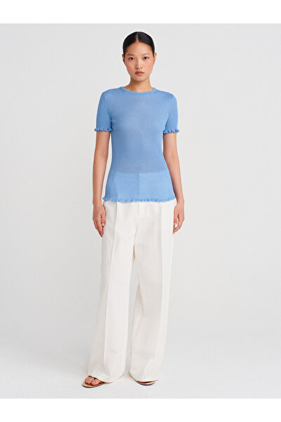 Dilvin 10783 Bisiklet Yaka Fırfırlı İnce Triko Bluz-Mavi