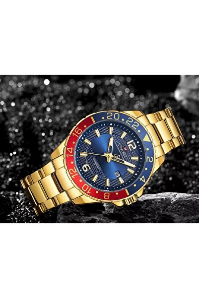 Naviforce Mens Sport Watch Gold Stainless Steel Band Analog Quartz Movement Rotating Bezel Water Resistant