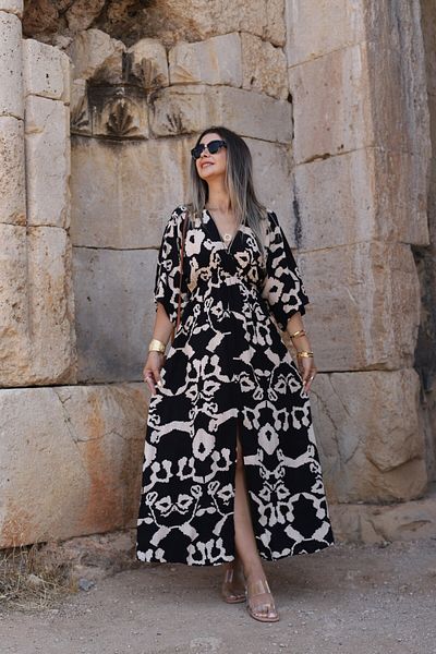 bytugcekaya Black-Beige Pattern Bat Sleeve Slit Detail Dress
