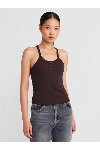 Dilvin 21106 Button Detailed Strap Undershirt-Dark Brown
