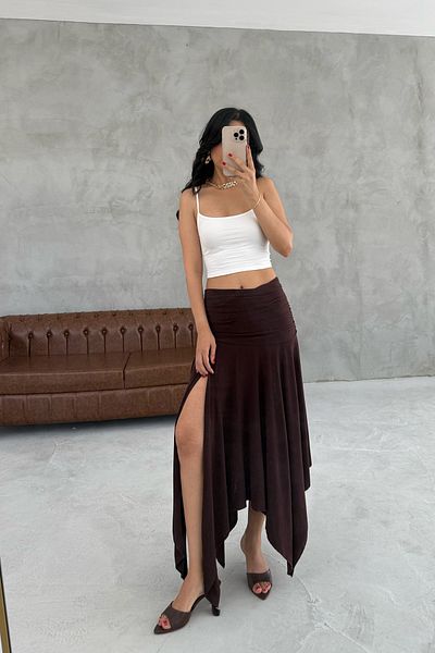 Seda Yalçın Atelier Gathered Asymmetrical Cut Coffee Magnolia Skirt