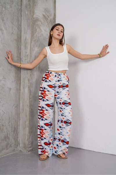 SheLoria Women's Red Blue Ethnic Patterned Lacing Detail Elastic Waist Relaxed Cut Palazzo Viscose Trousers