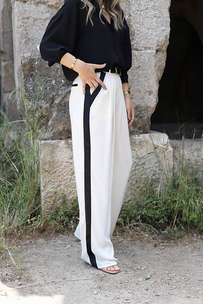 bytugcekaya Ecru Satin Striped Palazzo