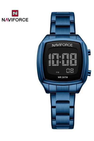 Naviforce Stylish Womens Digital Watch with Black Display Blue Stainless Steel Strap LED Screen