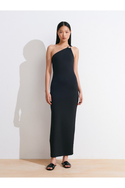 Dilvin 91494 Rochie lungă cu detaliu accesorii-Negru