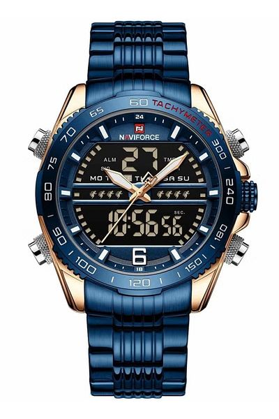 Naviforce Mens Dual Display Sport Watch Blue Rose Gold Stainless Steel Band Analog Digital Quartz Movement
