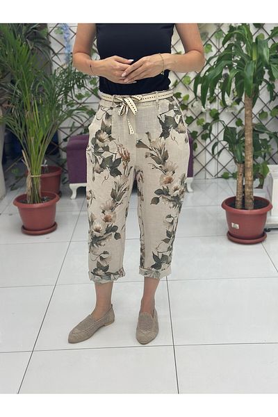 Punta Otantik Nc7232 Italian High Waist Linen Ankle Pants Cream